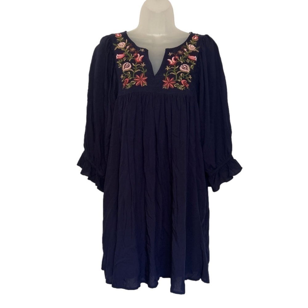 Jodifl Navy Blue Dress with embroidery at neck cute sleeves
